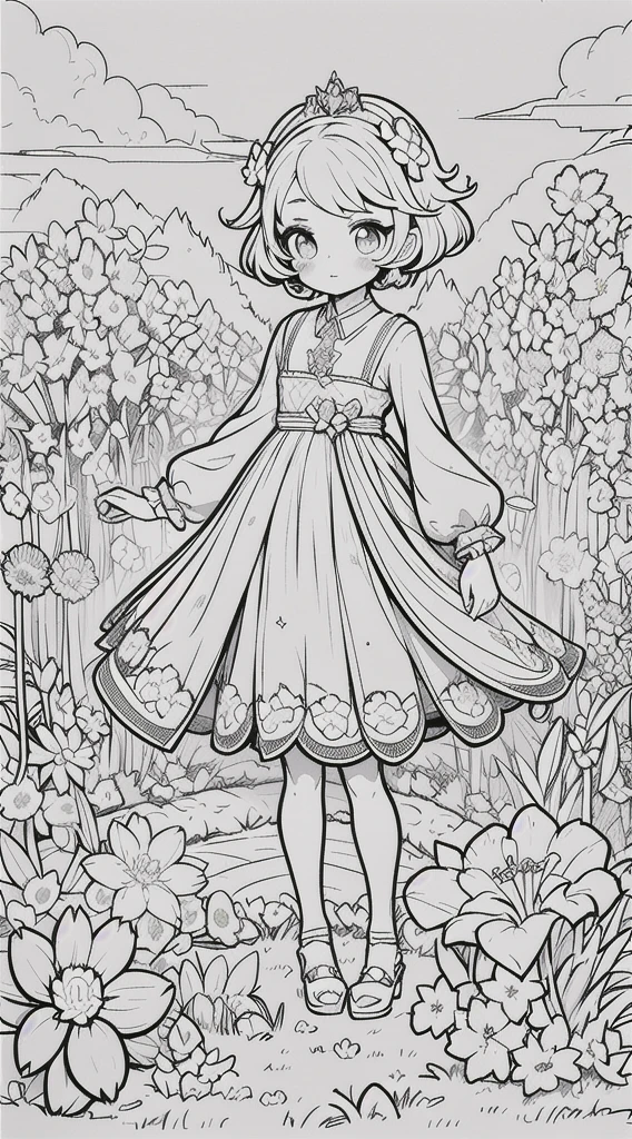 a beautiful girl with short hair, holding a kawaii cat in her arms, standing in a flower garden, full body shot, centered in the frame, (best quality,4k,8k,highres,masterpiece:1.2),ultra-detailed,(realistic,photorealistic,photo-realistic:1.37),line art,black and white art,kawaii princess,girl standing