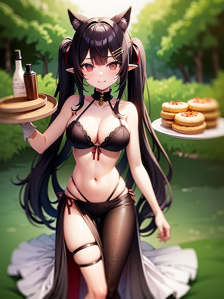 Tavern dancer, wide hips, thick thighs, slim, fit and toned, medium breast, revealing dress, harem dancer, pelvic veil, string panty, huge cleavage, string bra, jewelry, long black hair, 2 twin tail, straight hair, brown eyes, naughty face, seductive smirk, 2 twin tails hairstyle/ pigtail hairstyle, solo, 1girl