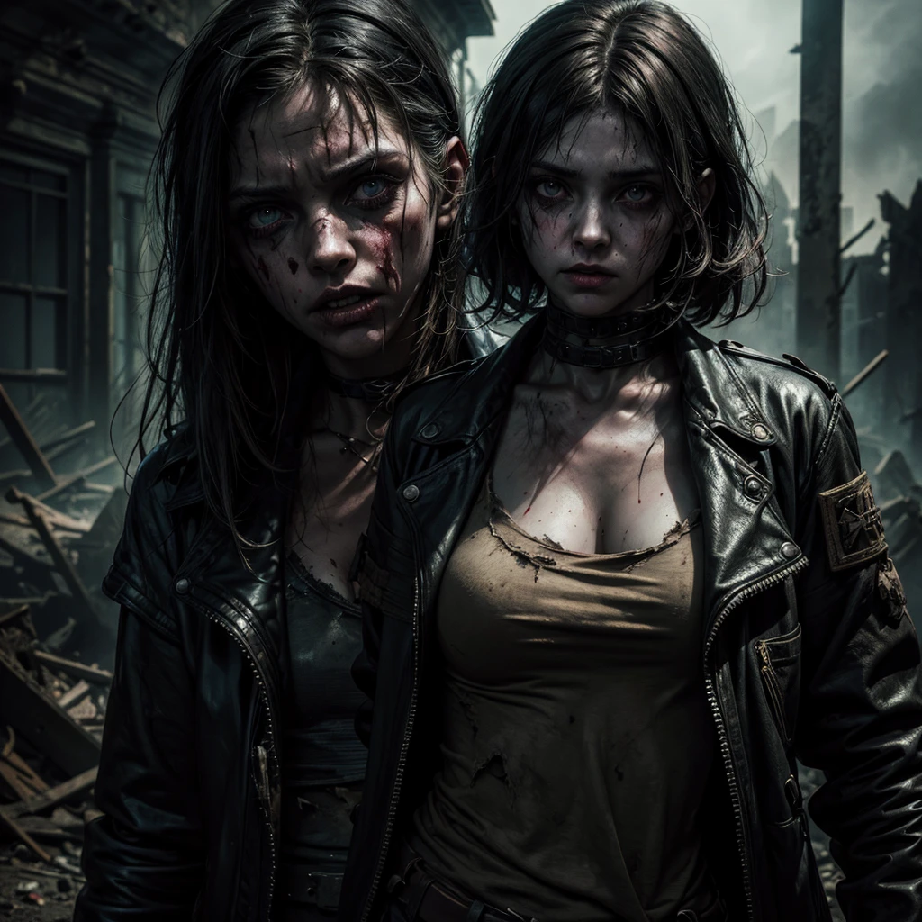a dark fantasy girl, zombie, horror, post-apocalyptic, school ruins, rubble, detailed facial features, expressive eyes, bruises, tattered clothes, sinister expression, dramatic lighting, muted colors, cinematic composition, highly detailed, 8k, photorealistic
