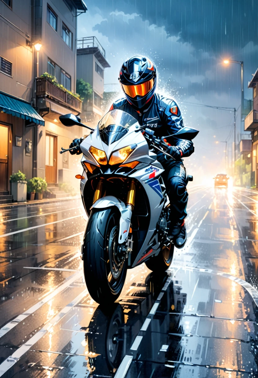 (Motorcycle), In a rain, a rider wearing a waterproof jacket and goggles drove his motorcycle smoothly on a slippery road surface. Raindrops formed silver lines under the illumination of the headlights, creating a peaceful and mysterious atmosphere. The background was a slippery road surface and light rain, full body, (Photography), panoramic view, award-winning, cinematic still, emotional, vignette, dynamic, vivid, (masterpiece, best quality, Professional, perfect composition, very aesthetic, absurdres, ultra-detailed, intricate details:1.3)