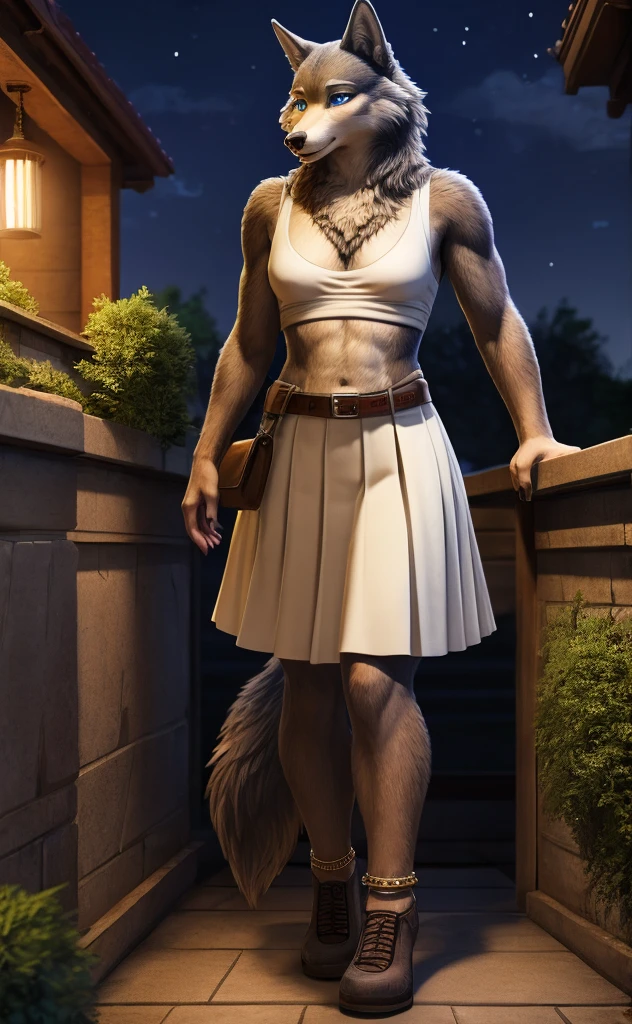 Juno is a gray wolf with curled brown fur and blue eyes. She is wearing her a long pleated white skirt decorated with two light white horizontal lines near the hem, a thin tan belt, white anklet socks, and black Mary Jane shoes. anthro wolf, female, adult, brown fur, buffed body, tail, sexy, beefy body, furred body, furry chest hair, realistic, full body, photorealistic, ultra realistic, 8k, night, bare-chested