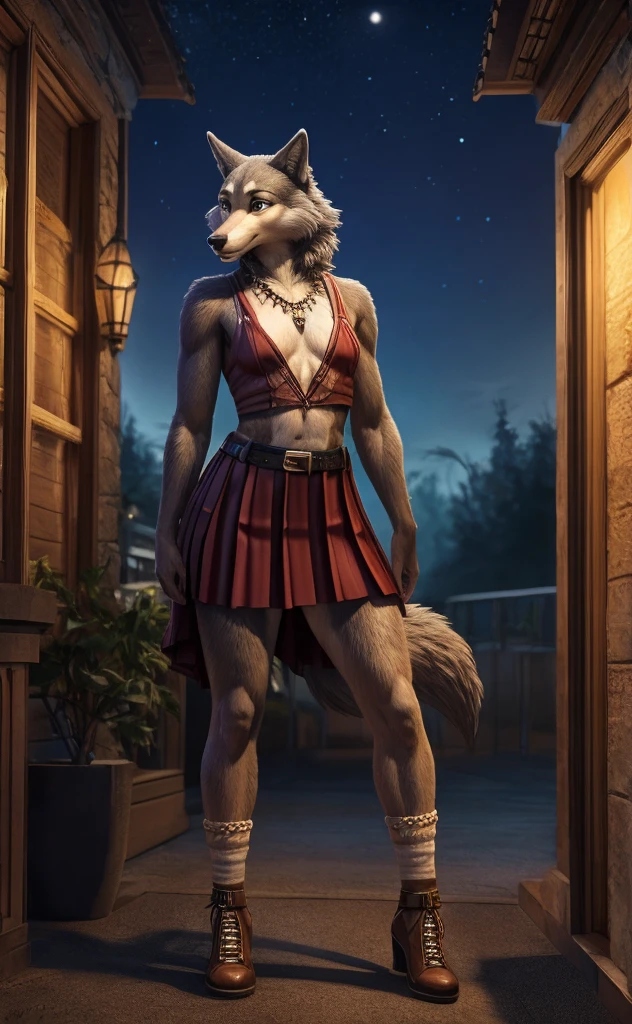 Juno is a gray wolf with curled brown fur and blue eyes. She is wearing her a long pleated white skirt decorated with two light white horizontal lines near the hem, a thin tan belt, white anklet socks, and black Mary Jane shoes. anthro wolf, female, adult, brown fur, buffed body, tail, sexy, beefy body, furred body, furry chest hair, realistic, full body, photorealistic, ultra realistic, 8k, night, bare-chested