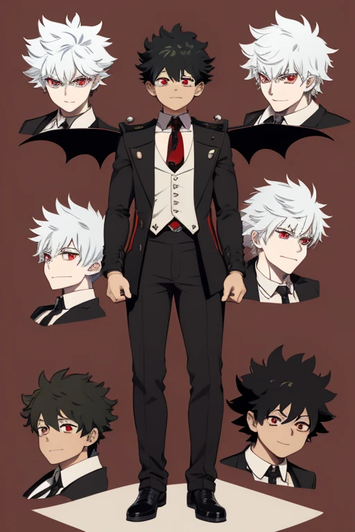 Izuku Midoriya character sheet from My Hero Academia, Vampire, incubus, red eyes and white hair, bat wings, black clothes, black steampunk pants, red shirt, black vest, pale skin. Looking directly at the viewer