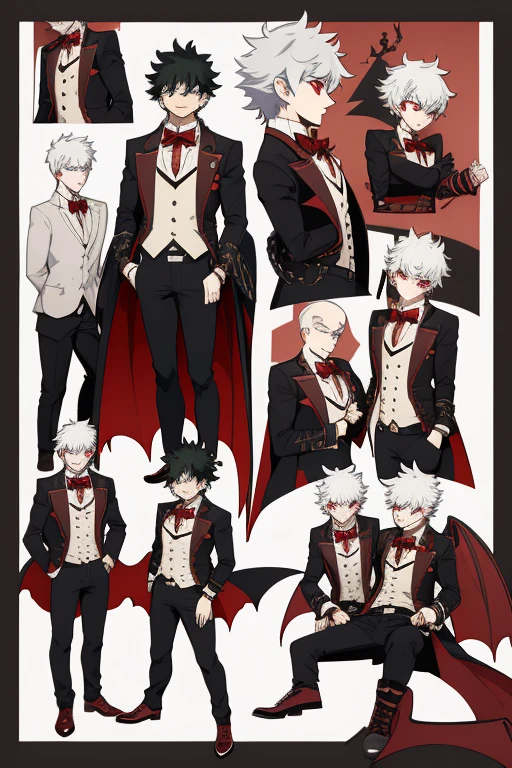 Izuku Midoriya character sheet from My Hero Academia, Vampire, incubus, red eyes and white hair, bat wings, black clothes, black steampunk pants, red shirt, black vest, pale skin. Looking directly at the viewer