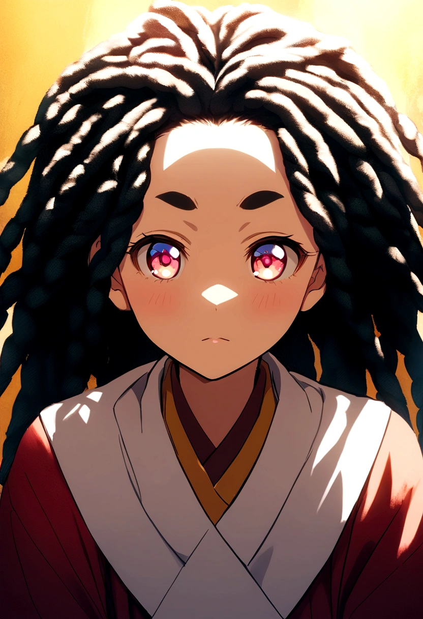 Anime photo of a girl named Ririan, 22 years old, with beautiful large honey-colored eyes. She has thicker and expressive eyebrows. Her hair is curly internally with dreadlocks at the ends, giving a unique and distinctive style. The lighting is soft, highlighting her facial features and the texture of her hair. Her expression is friendly and confident, capturing her vibrant and warm personality. The background is neutral to focus entirely on Ririan's features.