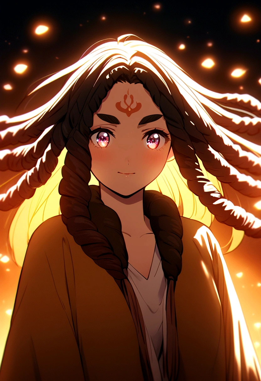 Anime photo of a girl named Ririan, 22 years old, with beautiful large honey-colored eyes. She has thicker and expressive eyebrows. Her hair is curly internally with dreadlocks at the ends, giving a unique and distinctive style. The lighting is soft, highlighting her facial features and the texture of her hair. Her expression is friendly and confident, capturing her vibrant and warm personality. The background is neutral to focus entirely on Ririan's features.