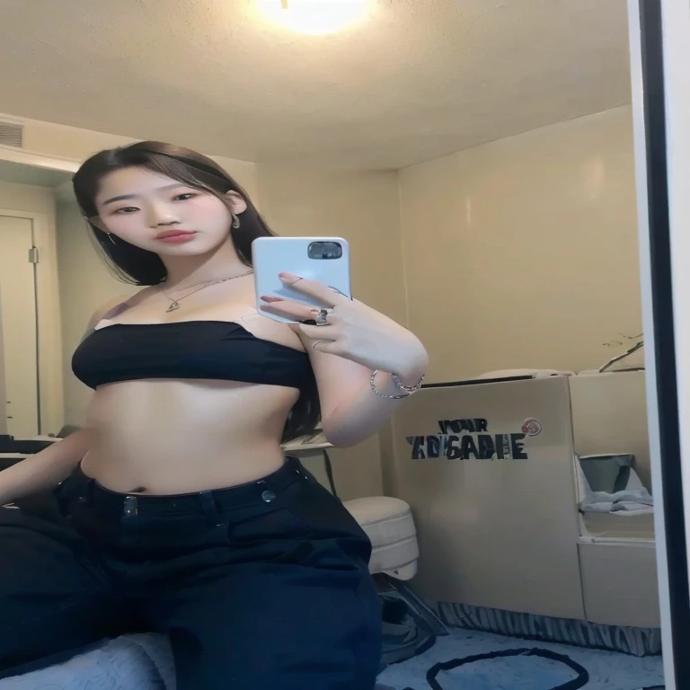 there is a woman taking a selfie in a mirror, thin girl photo, 2 4 year old female model, korean girl, her navel is exposed, Beautiful young Korean woman, thin girl photo model, 18 years, 22 years, Instagram Template, good young girl, with abs, thin waist, beautiful south korean woman, 21 years