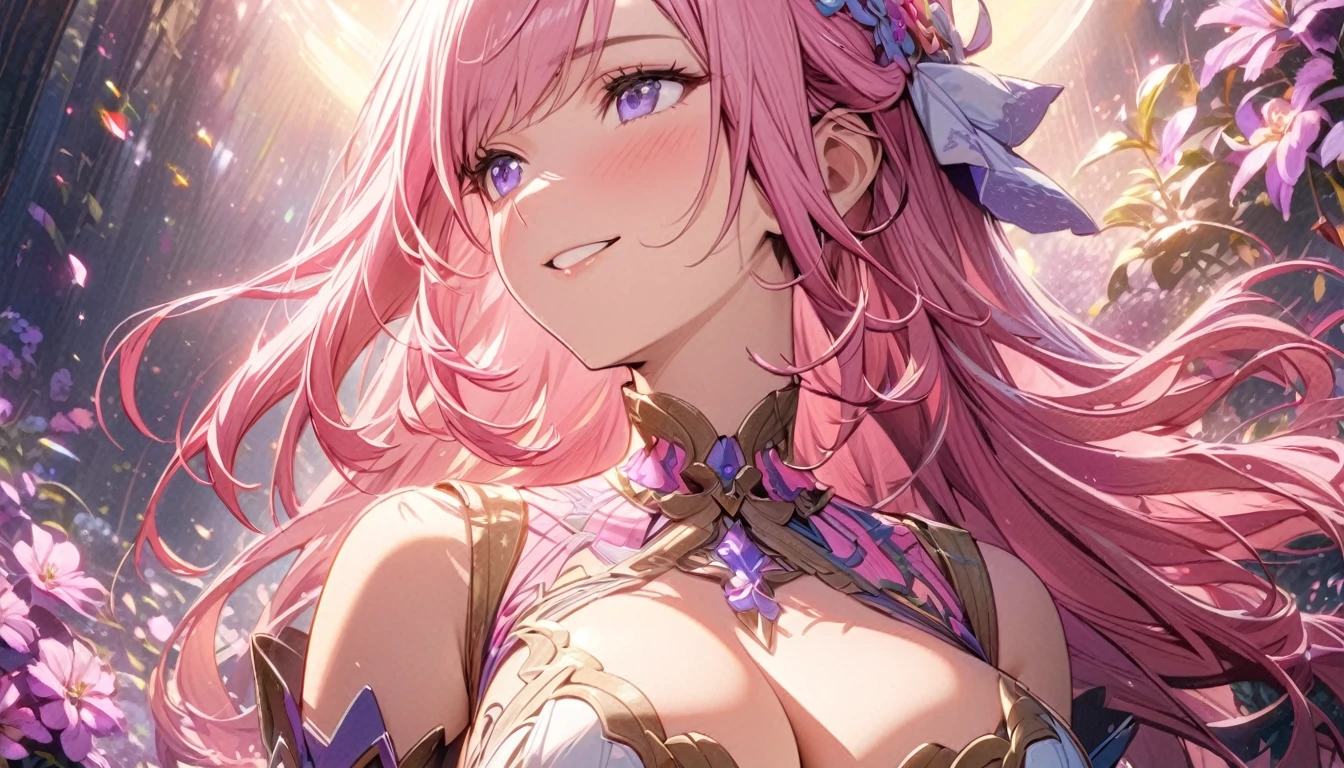  beautiful girl, long pink hair, beautiful face,smiling,close up to hips, beautiful breast, in the middle of flowers field, (open mouth:0.4),illustration,detailed textures(realists),ultra-detailed,portrait style,vivid colors,soft lighting, blushing, mature, hair fluttering, cool moonlight light, ((half body)),  cleavage, wearing intricate dress, perky. ((side profile half body)), hair accessories 