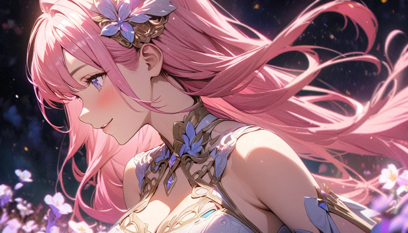  beautiful girl, long pink hair, beautiful face,smiling,close up to hips, beautiful breast, in the middle of flowers field, (open mouth:0.4),illustration,detailed textures(realists),ultra-detailed,portrait style,vivid colors,soft lighting, blushing, mature, hair fluttering, cool moonlight light, ((half body)),  cleavage, wearing intricate dress, perky. ((side profile half body)), hair accessories 