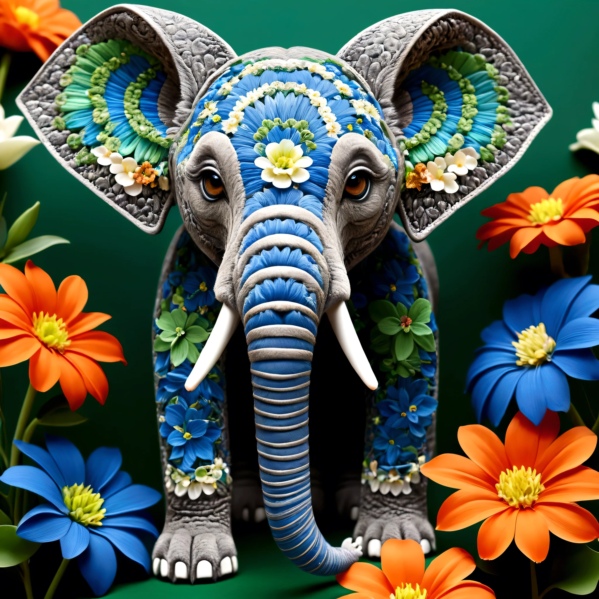 Create an animal from dog, cat, mouse, Elephant in standing position from the front, in the colors blue, grau, brown with bright green eyes, Background as a sea of flowers 