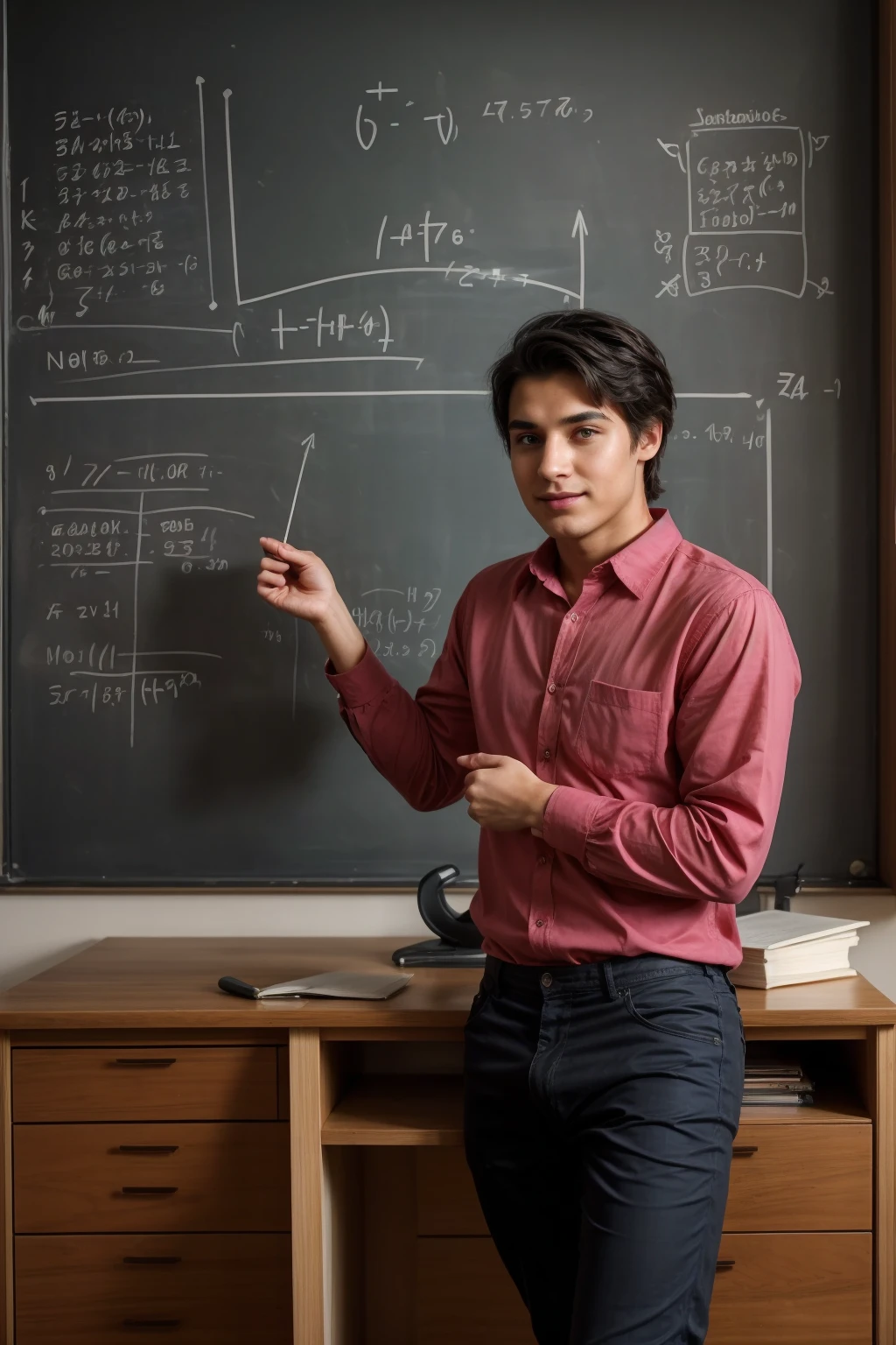 A beautiful, gentle male young man with a face with makeup and red cheeks and black hair wearing a long-sleeved, bright pink shirt and aqua blue pants. He is in his scientific office, and behind him is a blackboard with written mathematics, including mathematical equations of differentiation and integration, and he is sitting at a desk in the chair in front of him. Scientific books and he looks proud
