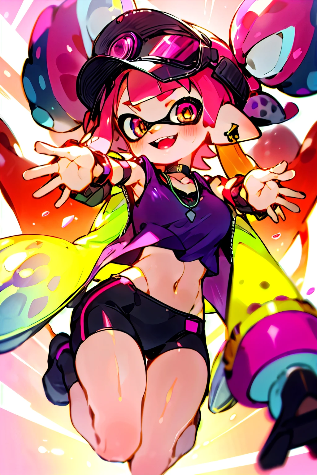 -Zoe\(Palworld\), One Splatoon girl, alone, Jacket, 赤い Jacket, Twin tails, Multicolored Splatoon Tentacle Hair, Open Mouth Smile, jewelry, Have, View your viewers, Beautiful Face、Detailed Description、necklace, Golden glowing eyes, Crop top, Long Hair, whole body, choker, Red sun visor, shirt, chest, open Jacket, Virtual YouTuber, Open clothes, Pink Hair, black choker, purple shirt, Tank top, Part your lips, gigantic breast、chestの谷間, bangs、Raise your arms、Sexy dynamic pose、Spread your legasterpiece、Highest quality、High resolution、Real Anime、3d、