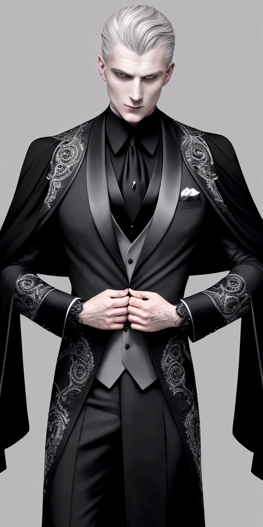 Gray skinned man, Black dress open in the middle, Black Magic