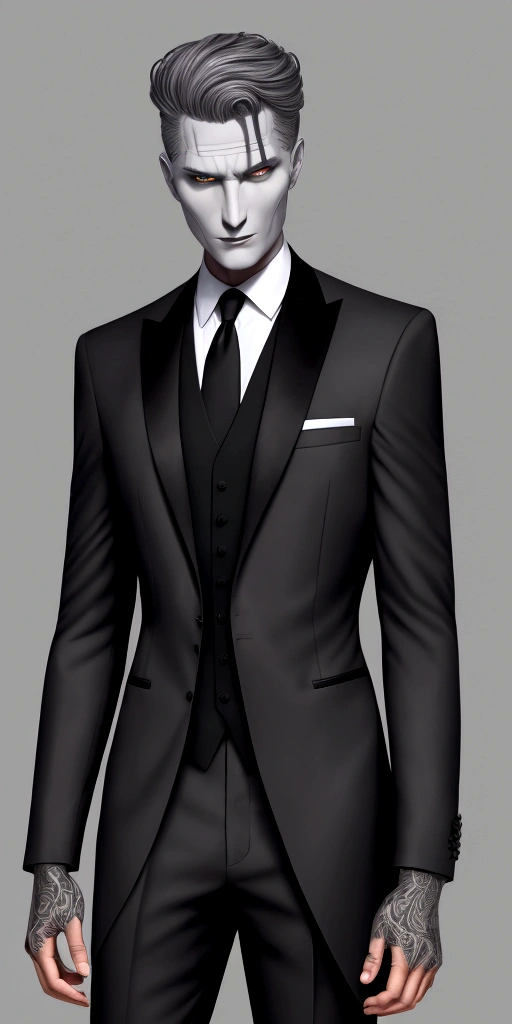 Gray skinned man, Black dress open in the middle, Black Magic
