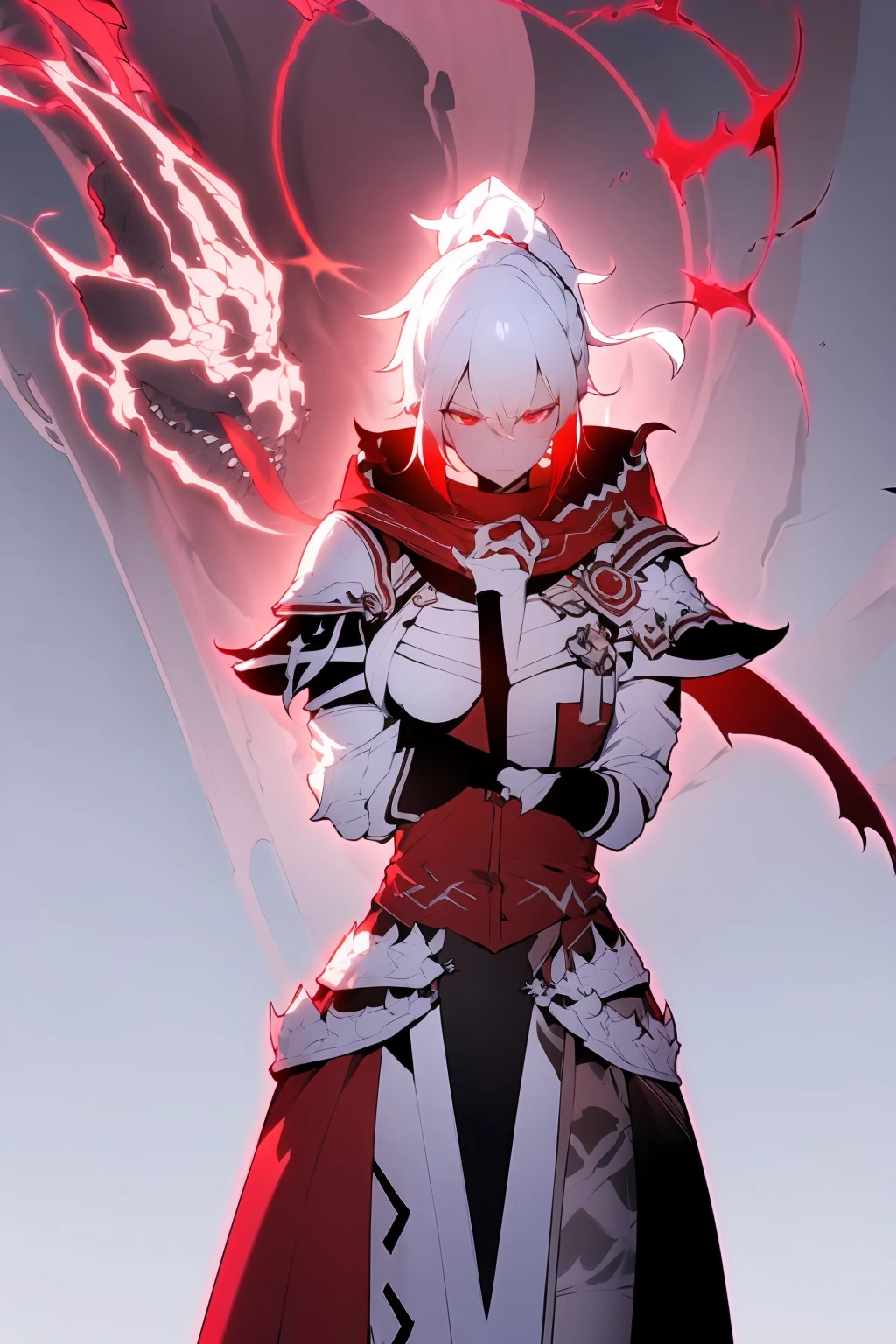 darkskin woman fantasy clothes, white short hair in a ponytail, red eyes, ref scarf, white and black Armor, black skull-shaped shoulder pad, white skull Knee Pads, aura (red), angry, perfect Anatomy, intricate pencil sketch, expressive eyes and nose and mouth, un-zoom, highly detailed, white background