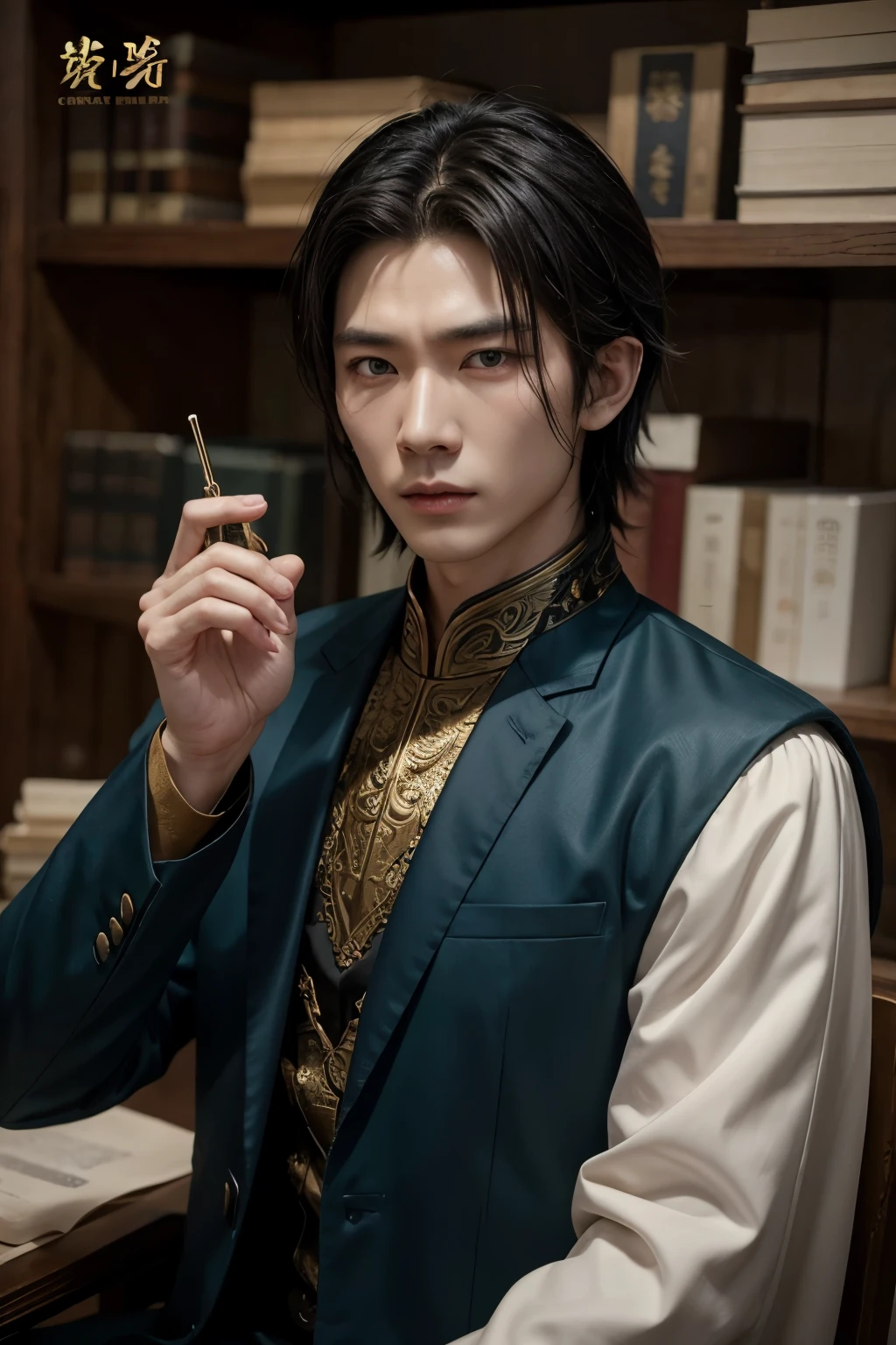 Create a cleric man, elfo, Liar, Cao Cao, with formal clothes, insane