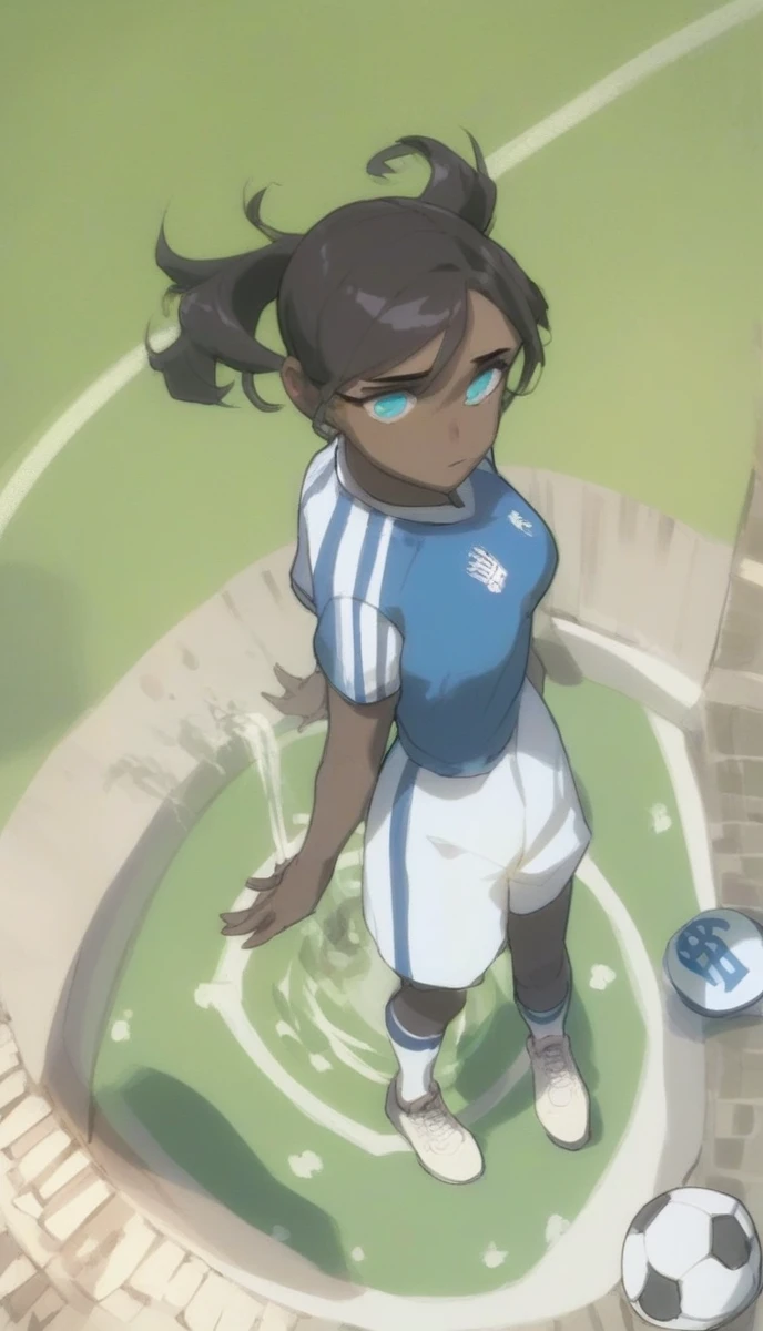 score_9, score_8_above, score_7_above, score_6_above, score_5_above, score_4_above, fountain_cheered up,Women,soccer player,black fur,wide,fringe,collected in a ponytail,clear skin,Light blue eyes,France national team clothing, In a soccer field.