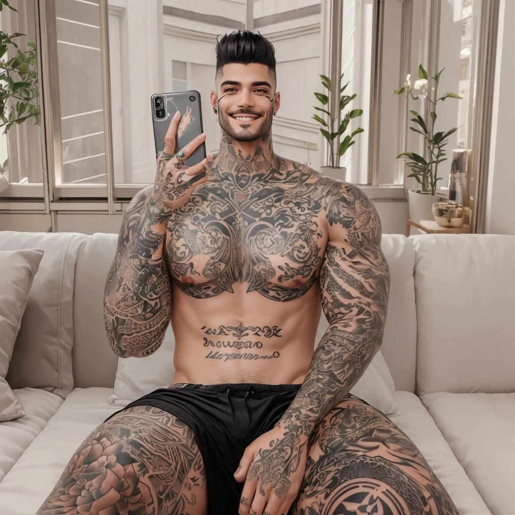 Man with tattoos on his chest taking a selfie, highly detailed full body, detailed full body, tattooed mans, fully tattooed bodys, tatuados, extremely detailed face and body, extremely detailed man, image ultra realistic, photorealistic full body, tatuados digital, muscular body tattooeds, skin detailed, detailed full body, highly realistic photo, inspired by Hedi Xandt, expressao facial Grinning, Grinning timido, Grinning