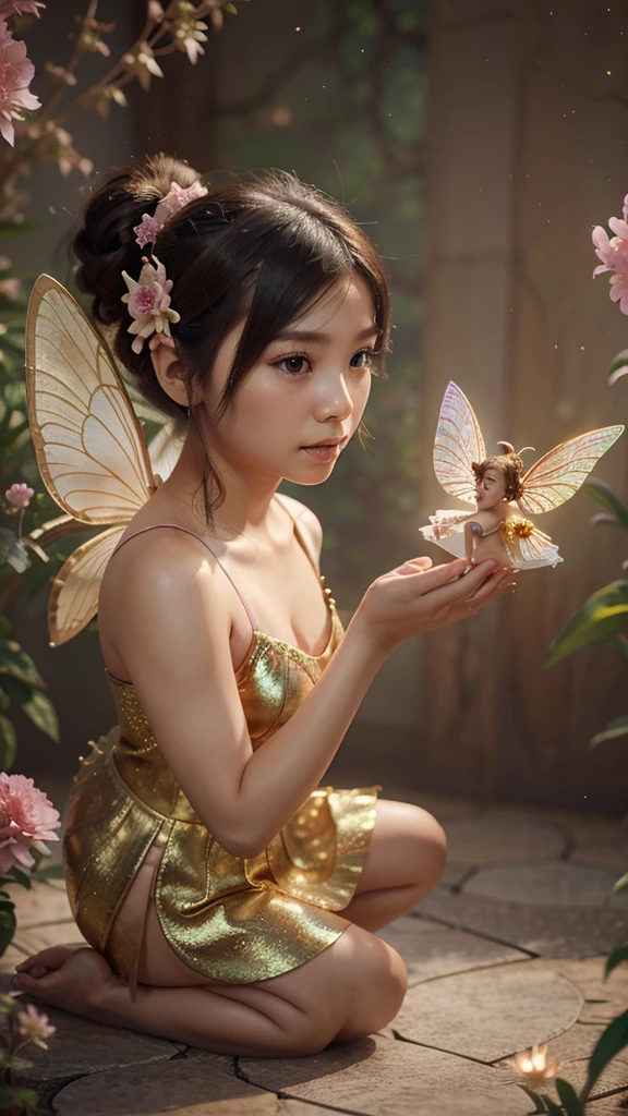 a young asian girl, wearing pink golden dress, stunning 3d render of a fairy, pixie character, portrait of a fairy, beautiful fairy, portrait of fairy, magical fairy background, beeple and jeremiah ketner, space flower fairy, cute 3 d render, faerie, adorable digital painting, beautiful render of a fairytale