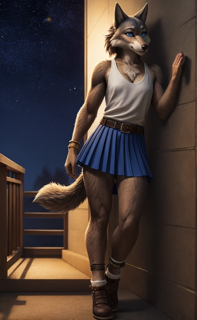 Juno is a gray wolf with curled brown fur and blue eyes. She is wearing her a long pleated white skirt decorated with two light white horizontal lines near the hem, a thin tan belt, white anklet socks, and black Mary Jane shoes. anthro wolf, female, adult, brown fur, buffed body, tail, sexy, beefy body, furred body, furry chest hair, realistic, full body, photorealistic, ultra realistic, 8k, night, bare-chested