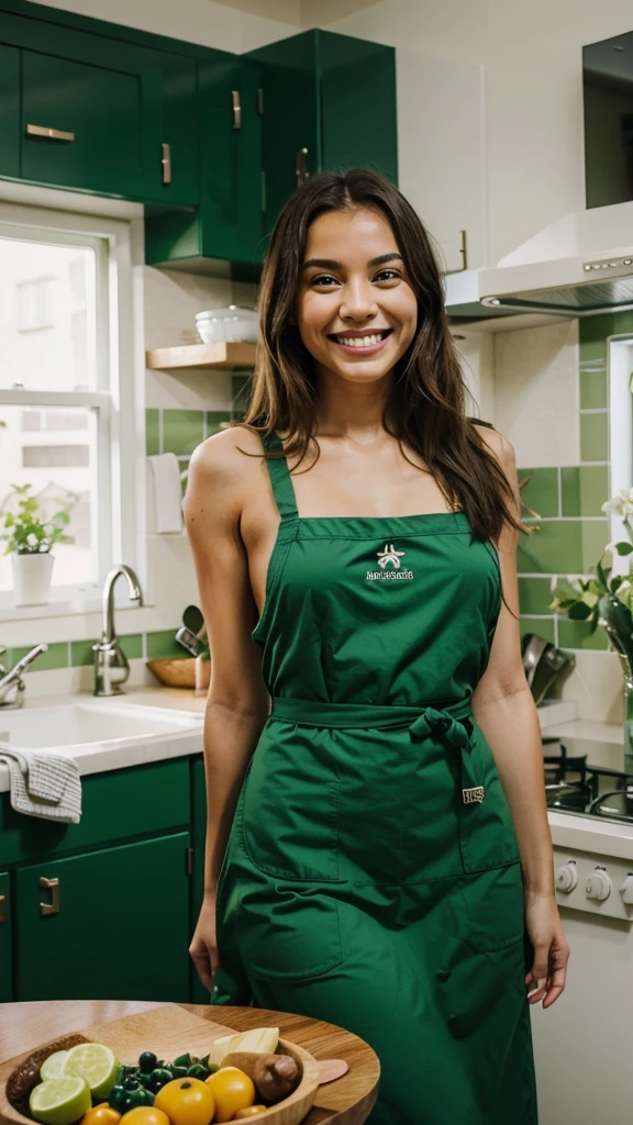 smiling person in a green kitchen