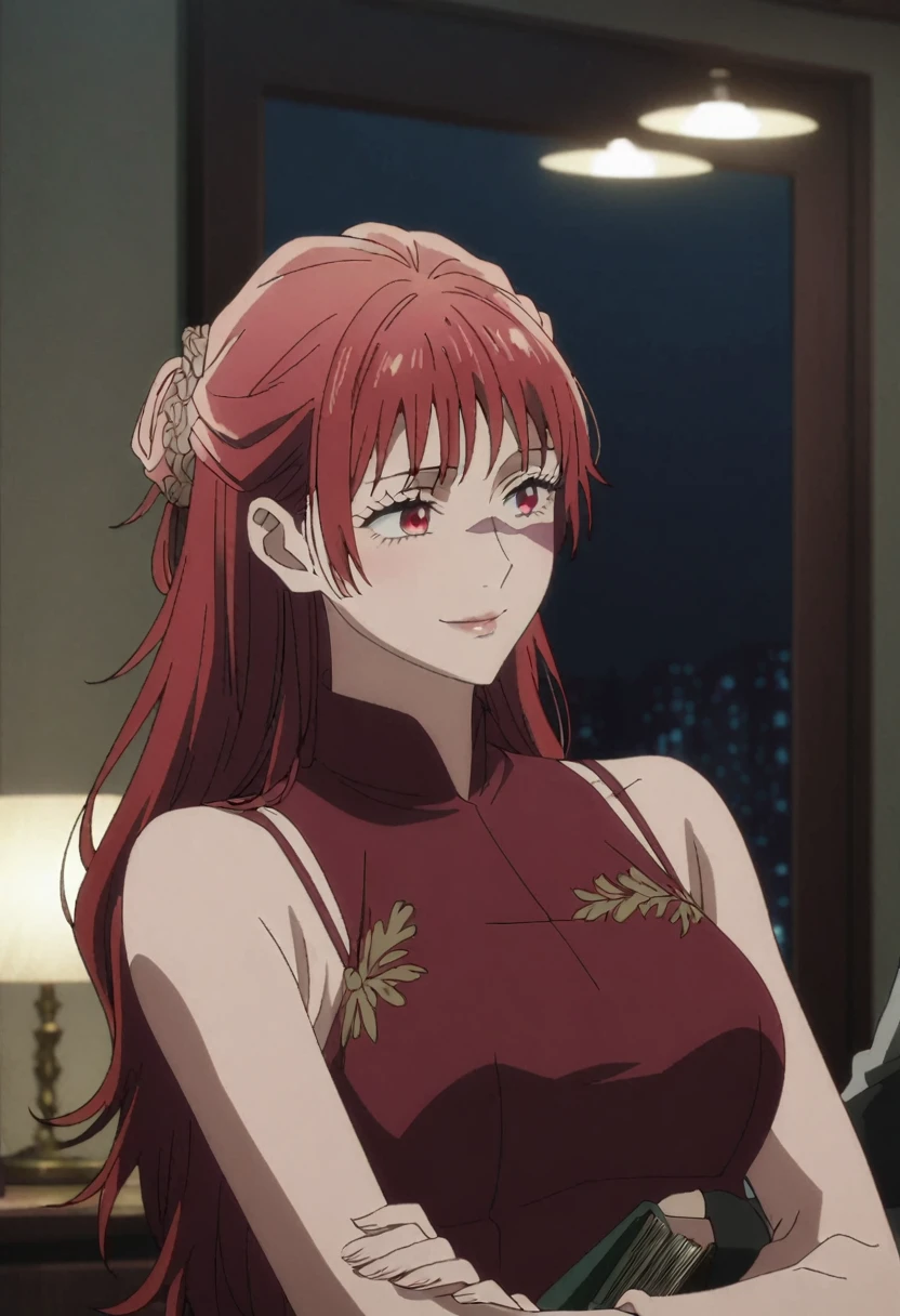 1girl, female gojo satoru, anime screencap from jujutsu kaisen, gojo satoru female version, solo, very long_hair, red eyes ((red_hair)), night view, breasts, upper_body, smile, indoors, book, bangs, red_eyes, lips, ((The hairstyle depicted in the image is an elegant updo, The hair is gathered and secured at the back of the head, and some loose tendrils of hair are left out to frame the face )) wearing an elegant red dress with thin straps, breast, "very detailed and high resolution" (red eyes) ((cross arms)) ((very long hair)) ((solo))