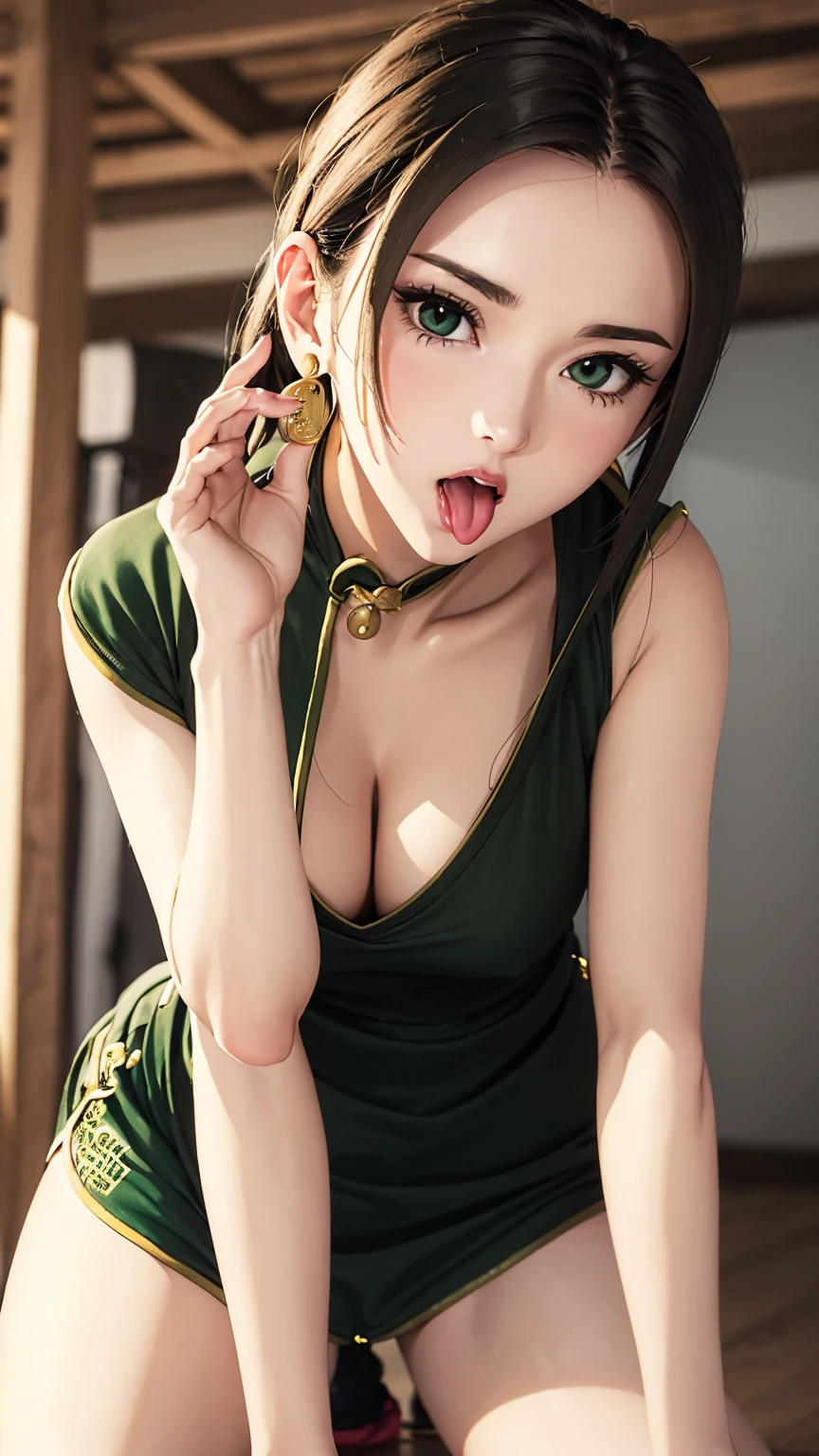、(masterpiece: 1.3), (Maximum resolution: 1.2), (Ultra HD TV: 1.2), Cinematic Light, 8K resolution, Detailed facial features , (Sharp focus: 1.2),Perfect Style, Beautiful Face,, Anatomically correct, Highly detailed face and skin quality感, Beautiful Eyes,Bright Eyes, Natural Cheeks, Glowing Skin, (Glossy Lips: 1.4),,Highly detailed face and skin quality, Natural Cheeks, , Rui々Beautiful lips,Exposed cleavage、Earrings,(Green and black cheongsam:1.4)、Healthy legs、Bare thighs、Exposed female genitalia、nude crotch,nude hip,nude legs、Blowjob with tongue out、Realistic tongue、Realistic lips、slender、Grasp the male genitalia with both hands、Soft look、A lot of semen、