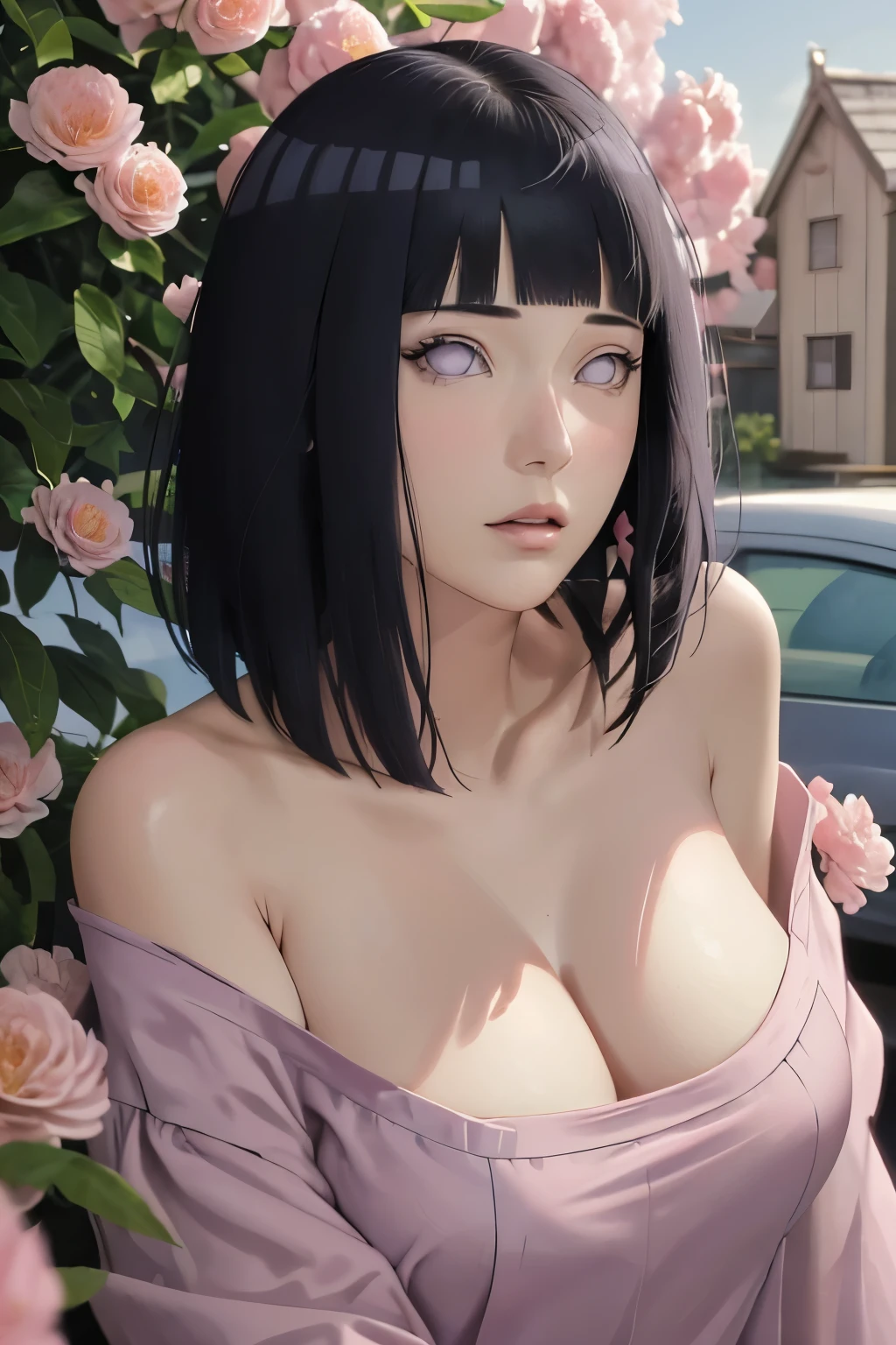 masterpiece, absurdres, hinata\(boruto\), 1girl, solo,mature female, off-shoulder oversized shirt, looking at viewer, (falling petals), perfect composition, detailed lips, big breast, beautiful face, body propotion, blush, (pink lips), long hair,  purple eyes,  soft gaze,  super realistic, detailed, photoshoot, realistic face and body,