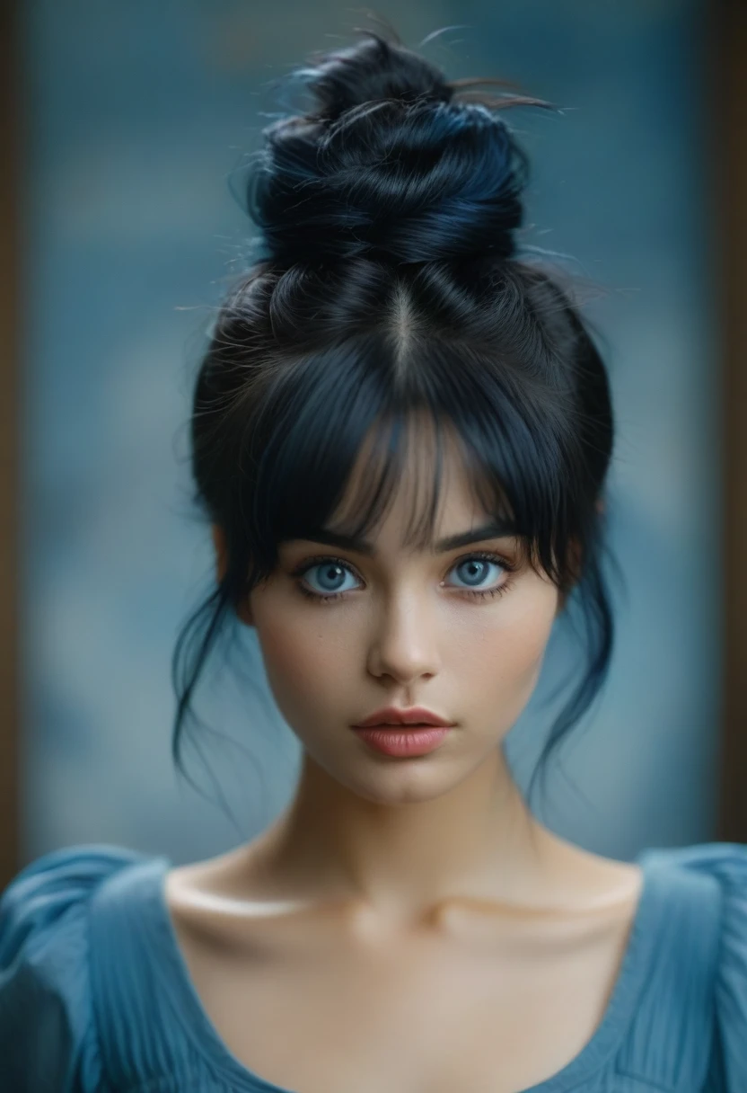 cinematic still bellissima, 1girl, solo, looking at viewer, bangs, blue eyes, black hair, parted lips, double bun, blurry, lips, dark skin, eyeliner, blurry background, messy hair, portrait, 
realistic . emotional, harmonious, vignette, 4k epic detailed, shot on kodak, 35mm photo, sharp focus, high budget, cinemascope, moody, epic, gorgeous, film grain, grainy, (masterpiece), (best quality), (ultra-detailed), 