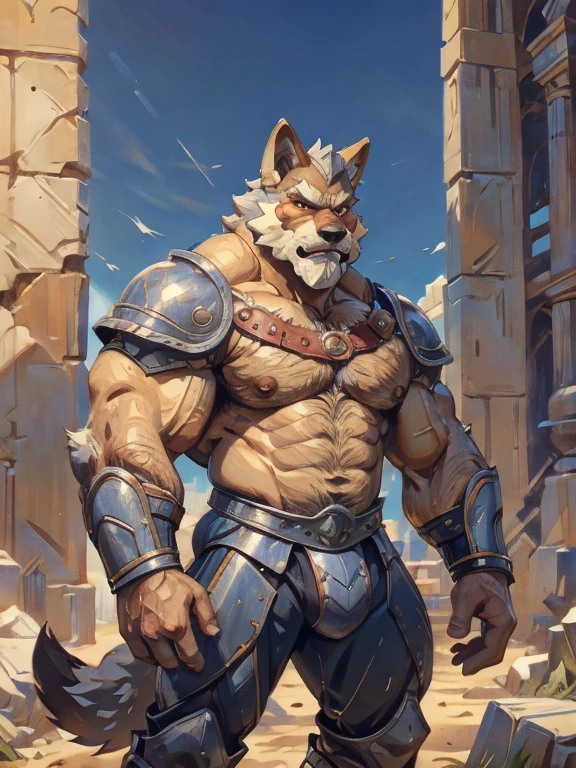 burly virile hairy man, with two wolf ears and a bushy tail, in a suit of armor, middle-aged, hirsute, overmuscular and musclebound, bulging veiny muscles, a warrior's build, a bodybuilder's physique, long bushy and a thick mustache, a square jaw, handsome and dreamy, grey hair, a gladiator in the arena