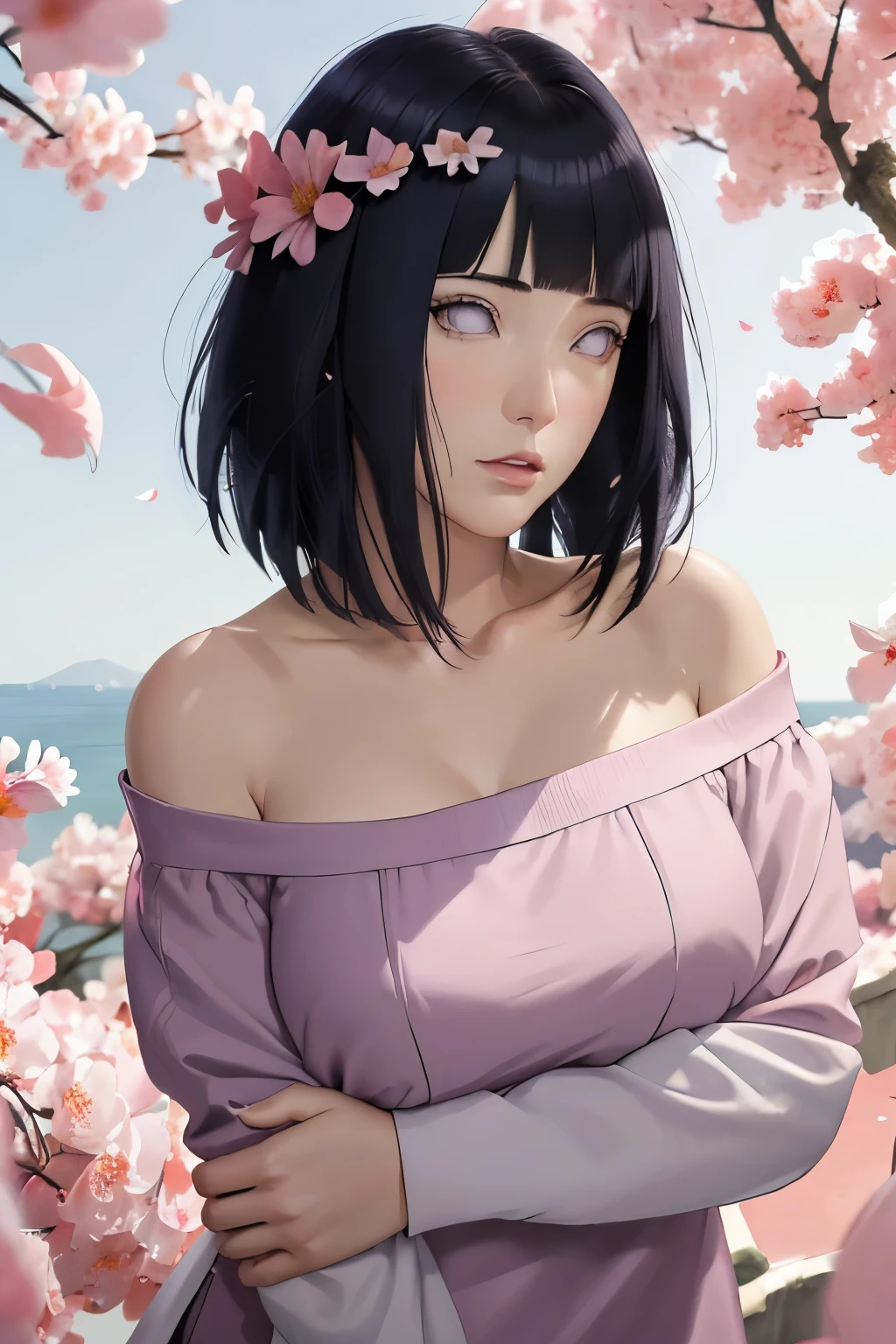 masterpiece, absurdres, hinata\(boruto\), 1girl, solo,mature female, off-shoulder oversized shirt, looking at viewer, (falling petals), perfect composition, detailed lips, big breast, beautiful face, body propotion, blush, (pink lips), long hair,  purple eyes,  soft gaze,  super realistic, detailed, photoshoot, realistic face and body,