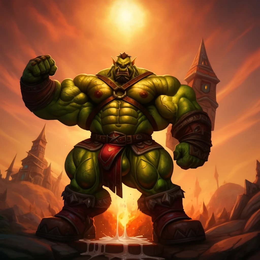 hyper muscular orc warrior wearing a leather harness, four arms, aggressively flexing, hyper penis, big balls, copious amounts of viscous fluids, amount of cum:1.4, Blizzard Entertainment, detailed skin, skin blemishes, Warcraft, lighting should be warm and inviting, casting a soft glow and highlighting the rich colors of his flesh, background cinematic Hollywood movie style, light depth of field, vignette, highly detailed, high budget