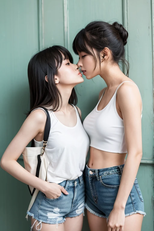 2 girls、kiss、White tank top、Denim shorts