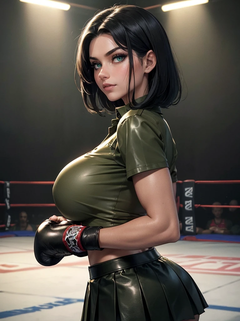 (masterpiece, best quality:1.4), (8K), busty muscular raven-haired beauty, (((18 years old, college kickboxer))), detailed green eyes, long eyelashes, blush, evil smile, upper body, covered large breasts, ((olive green leather shirt, buttoned up)), ((olive green pleated leather skirt)), (from side), (looking at viewer), beautiful jet-black hair, tan-skinned, short straight hair, (huge breasts), (firm round breasts), (breasts jutting out from chest unnaturally), (abandoned factory boxing ring, beautiful),
