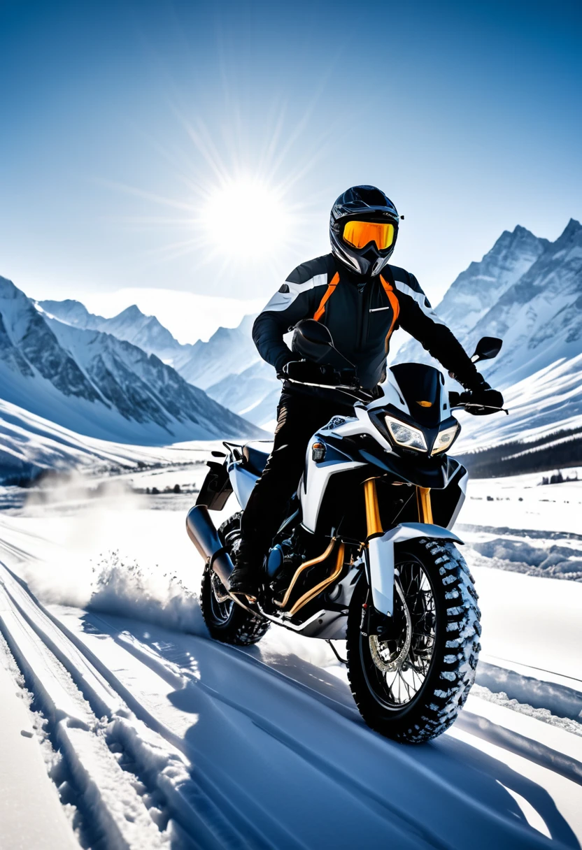 (Motorcycle), On the snow covered road, a rider is driving a specially modified snow motorcycle with tires that have been changed to fit on icy and snowy roads. Behind him is a vast snowfield and winter sunshine, showcasing the spirit of brave exploration, full body, (Photography), panoramic view, award-winning, cinematic still, emotional, vignette, dynamic, vivid, (masterpiece, best quality, Professional, perfect composition, very aesthetic, absurdres, ultra-detailed, intricate details:1.3)