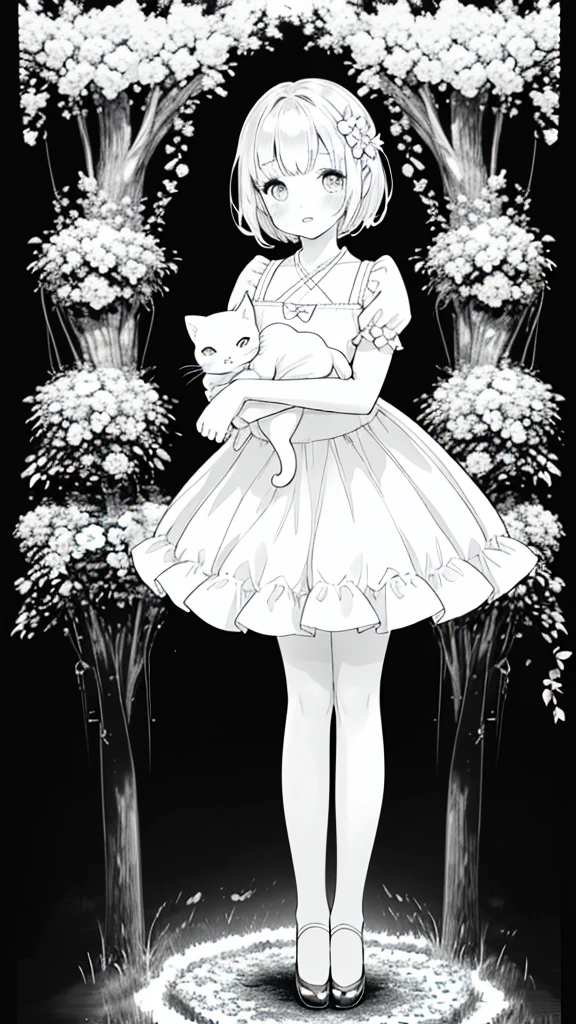 a beautiful girl with short hair, holding a kawaii cat in her arms, standing in a flower garden, full body shot, centered in the frame, (best quality,4k,8k,highres,masterpiece:1.2),ultra-detailed,(realistic,photorealistic,photo-realistic:1.37),line art,black and white art,kawaii princess,girl standing

