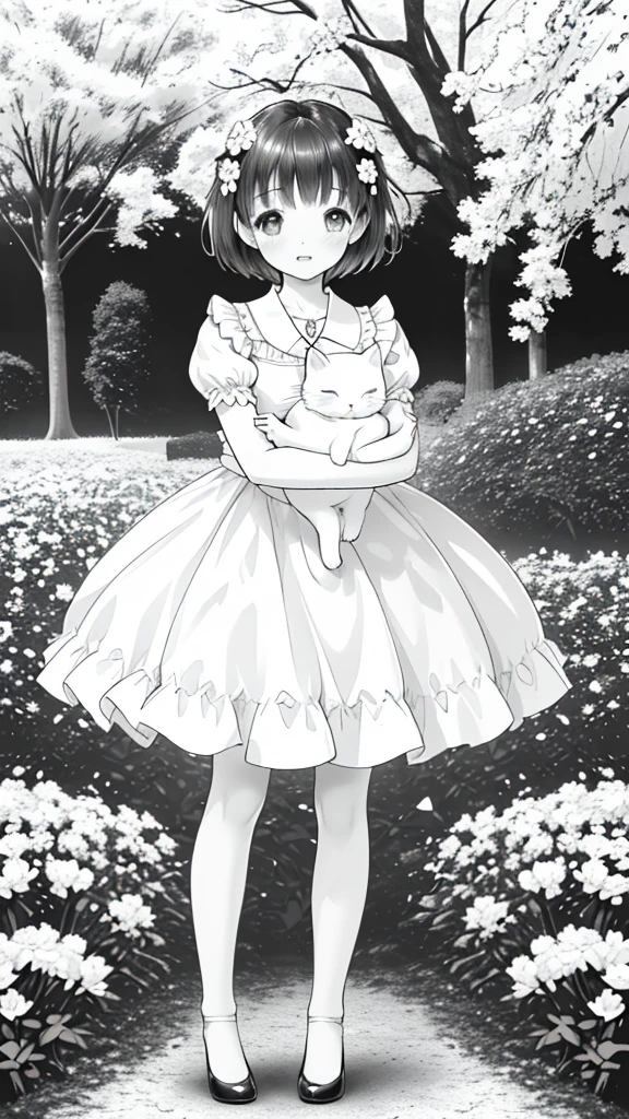 a beautiful girl with short hair, holding a kawaii cat in her arms, standing in a flower garden, full body shot, centered in the frame, (best quality,4k,8k,highres,masterpiece:1.2),ultra-detailed,(realistic,photorealistic,photo-realistic:1.37),line art,black and white art,kawaii princess,girl standing