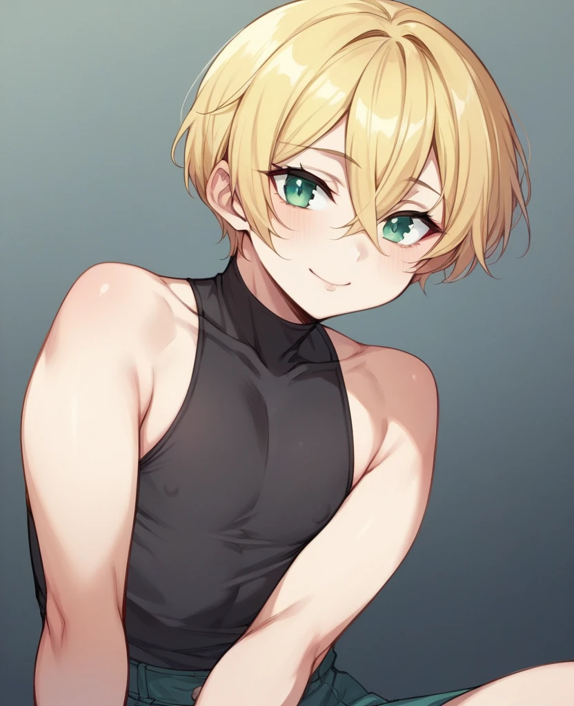 （One girl）、((short hair))、((Blonde))、（Sato Air）、((boyish))、Crossdresser、((flat chest))、green eyes、plump、Black sleeveless、((hairs between eyes))、light smile