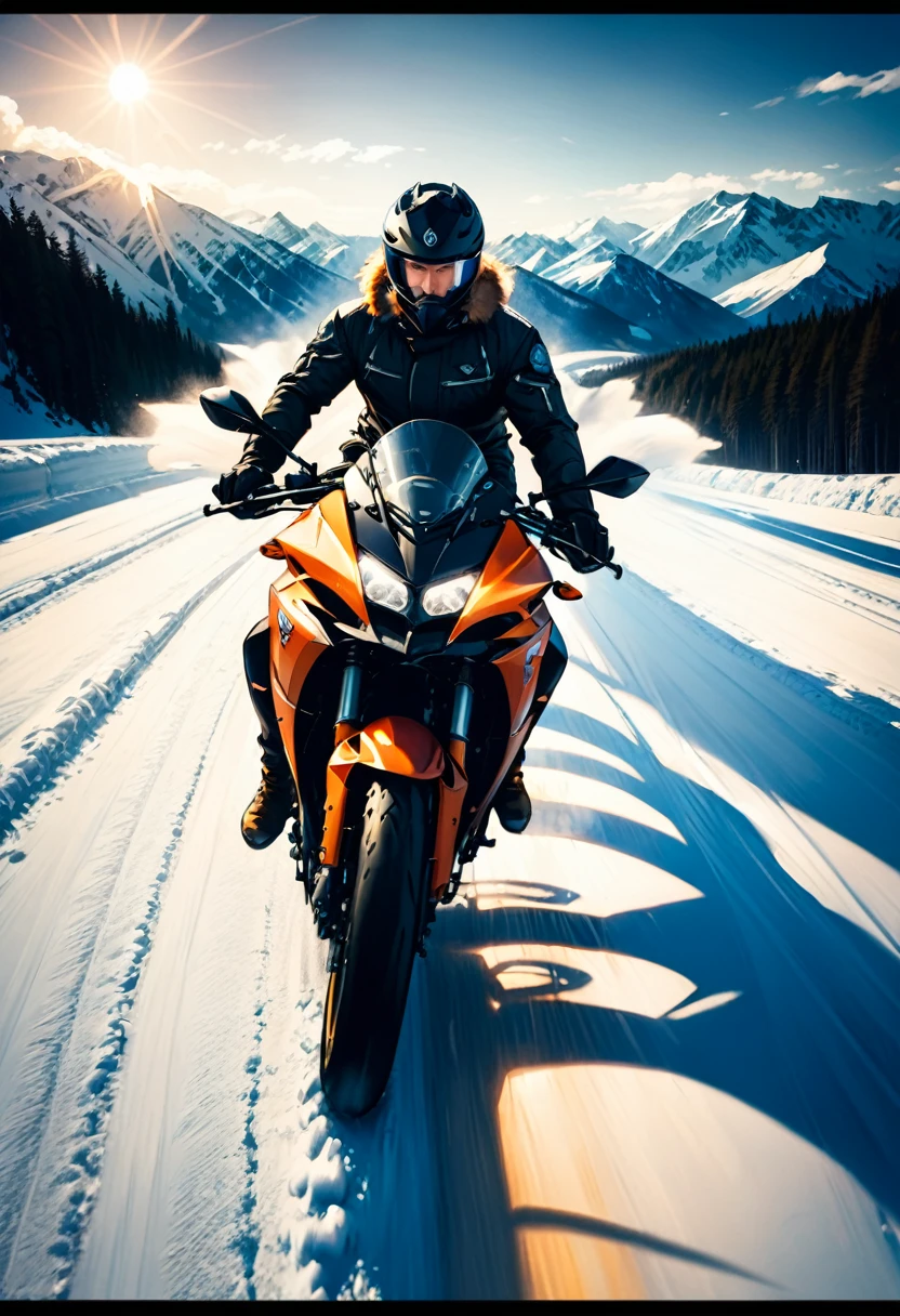 (Motorcycle), On the snow covered road, a rider is driving a specially modified snow motorcycle with tires that have been changed to fit on icy and snowy roads. Behind him is a vast snowfield and winter sunshine, showcasing the spirit of brave exploration, full body, (Photography), panoramic view, award-winning, cinematic still, emotional, vignette, dynamic, vivid, (masterpiece, best quality, Professional, perfect composition, very aesthetic, absurdres, ultra-detailed, intricate details:1.3)