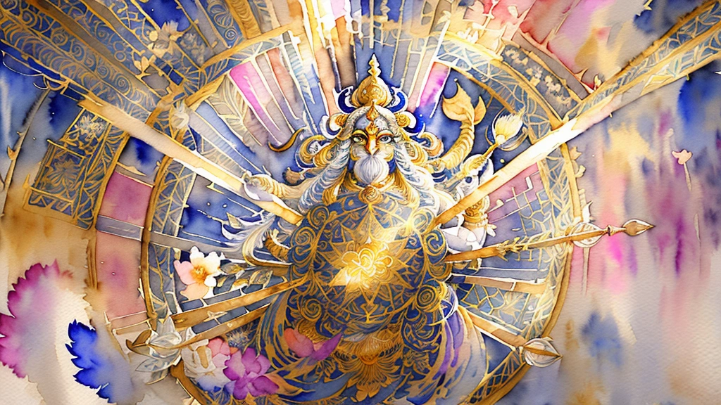 Symbolic collage, mystical composition, (Ramayana elements:1.2) Sacred artifacts and characters (golden bow and arrow of Rama:1.2), (enchanted golden deer:1.1), (flying Hanuman:1.2), (Lanka fortress silhouette:1.1), (divine light rays:1.3), (watercolor effect:1.4), (flowing ethereal background:1.2), (insanely detailed, bloom:1.5), (magical aura:1.3), (high sharpness), (intertwining visual narratives:1.1), (Painting:1.1), (digital art:1), detailed symbolic representations, masterpiece, Best quality, (very detailed illustration:1.1), 8K, stylized realism, vibrant color palette, (cosmic energy swirls:1.1), dynamic, realistic lighting, translucent effects, (top quality), (concept art, 4k), (Vedic patterns in background:1.2), by Husain and Jamini Roy and Tyeb Mehta and S.H. Raza and Anjolie Ela Menon, Inspired by (Indian miniature paintings:1.001) and (contemporary abstract art:1.001) and (sacred geometry:1.001)