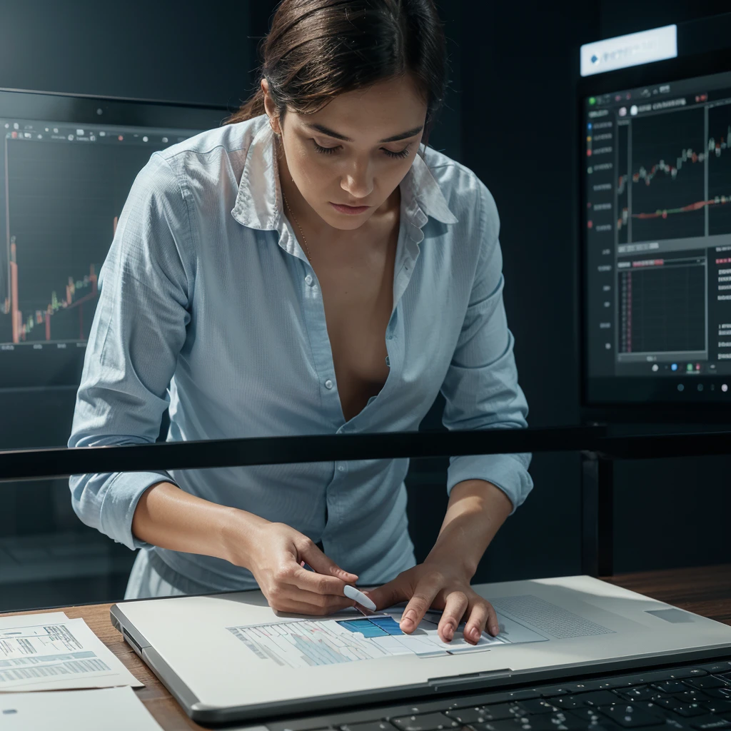 A professional-style image representing the theme of trading. In the center of the image, a candlestick chart showing upward and downward trends, with trend lines and technical indicators. The background is a soft blue, with subtle elements reminiscent of technology and finance, such as numbers and charts in transparency. At the top, the text 'Trading is my Passion' in an elegant and modern font, centered and prominently displayed. Include additional details like a stylized figure of a trader holding a laptop or tablet, looking at the chart with an expression of focus and determination. The image should convey professionalism, passion, and expertise in trading