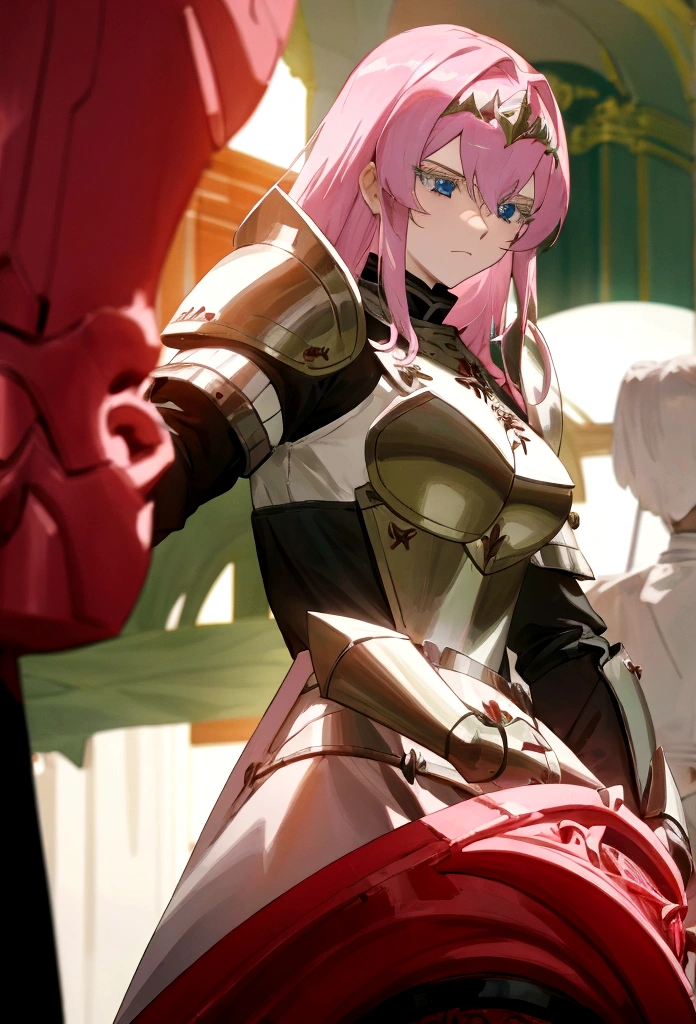 a female knight with pink hair and green eyes and wearing white and red armor 