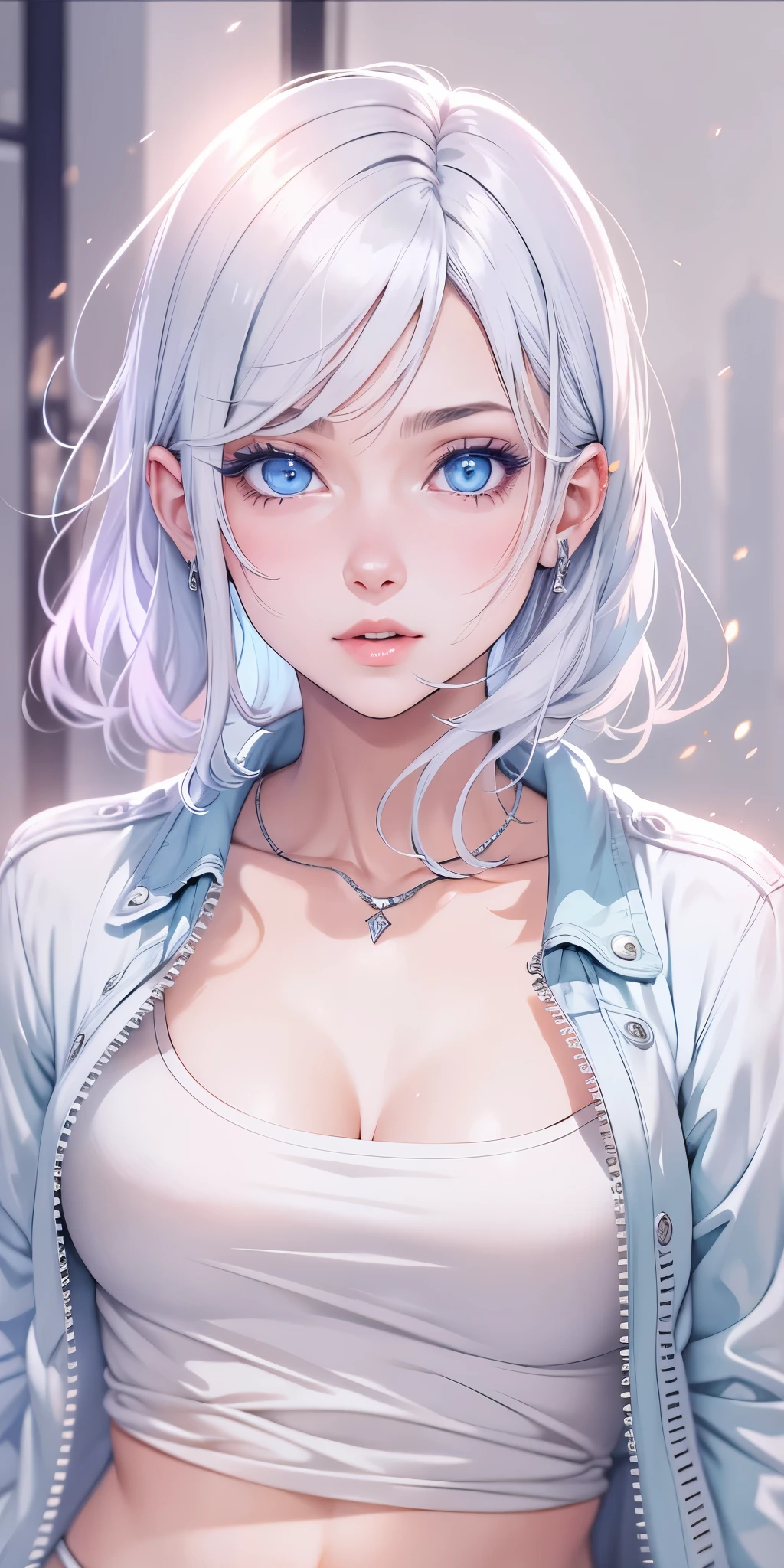 woman,silver hair,blue eyes,short camisole,short shirt,Off-shoulder,White,Art, Japanese cartoon,illustration