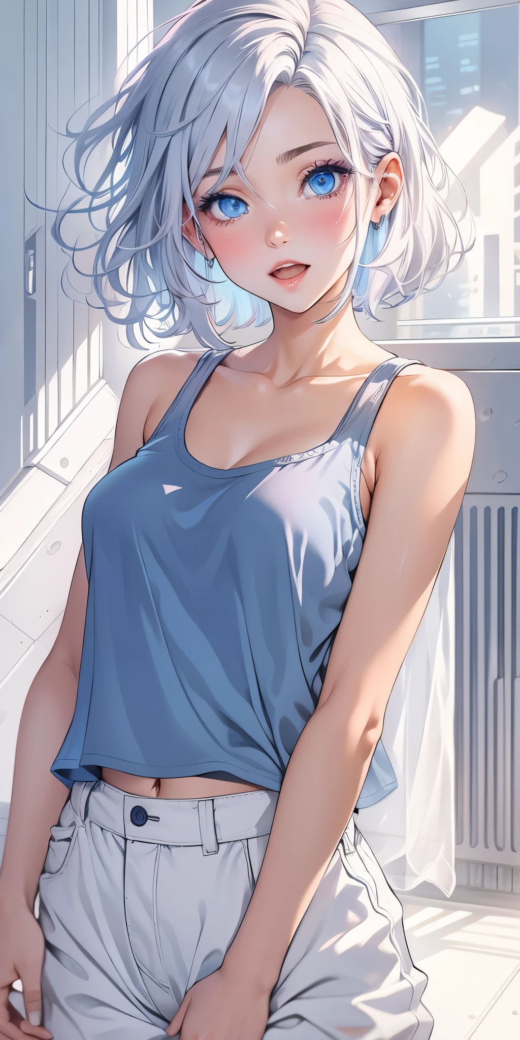  woman，silver hair，blue eyes，short camisole，short shirt，Off-shoulder，White，Art， Japanese cartoon，illustration