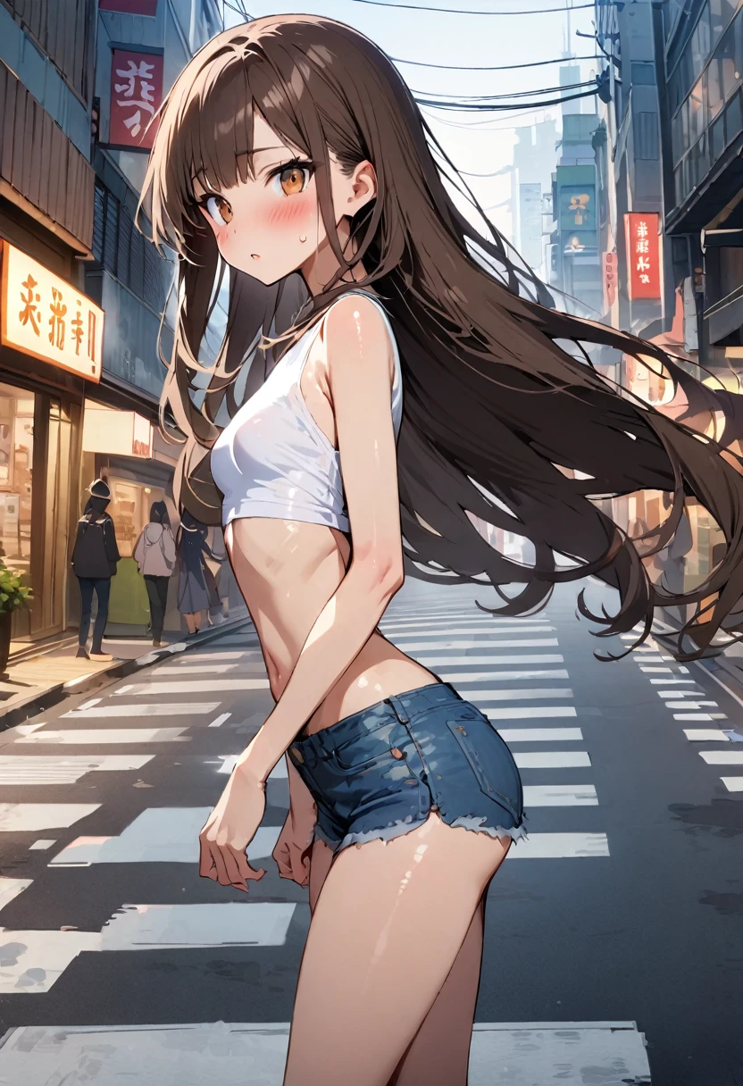 ((masterpiece,Highest quality;1.3,best illustration)),cowboy shot,1woman、25 year old beauty、独奏,((very small head:1.3)),dark brown hair,long hair,bangs,brown eyes,gorgeous eyes,blush,small breasts,((very long body:1.3)),((toned body,slender body,skinny)),gleaming skin,shiny skin,oily skin,(White tight T-shirt、denim micro shorts)、on street,Tokyo,