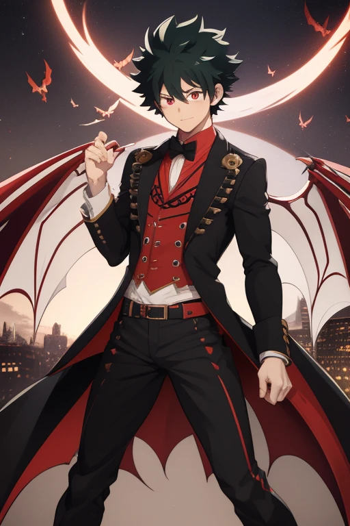 Izuku Midoriya from My Hero Academia, Vampire, incubus, red eyes and white hair, bat wings, black clothes, black steampunk pants, red shirt, black vest, pale skin. Looking straight at the viewer