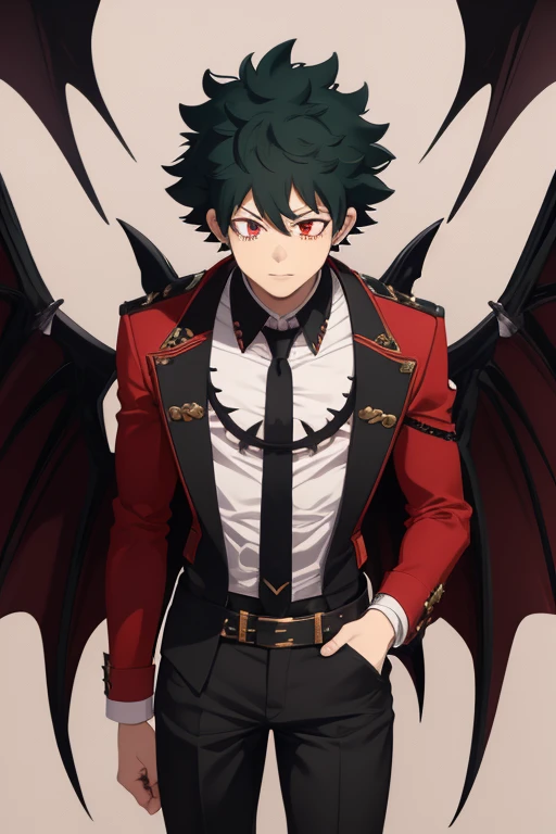 Izuku Midoriya from My Hero Academia, Vampire, incubus, red eyes and white hair, bat wings, black clothes, black steampunk pants, red shirt, black vest, pale skin. Looking straight at the viewer