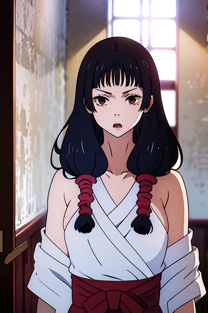 masterpiece, utahime, 1girl, solo, looking at viewer, open mouth, black hair, brown eyes, dress, bare shoulders, collarbone, sidelocks, hairbands, indoors, off shoulder, :o, sweater, arms behind back, plant, long hair with long locks, red hair bands, shrine maiden, off-shoulder sweater, white shrine maiden, big side hair, very long side hair, 