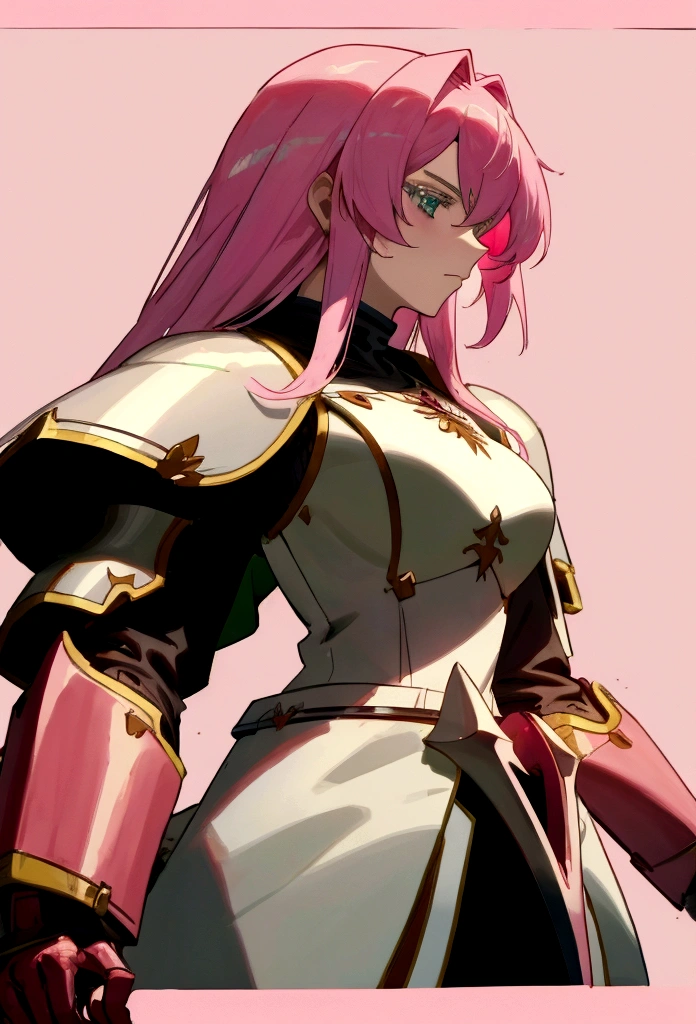 a female knight with pink hair and green eyes and wearing white and red armor 