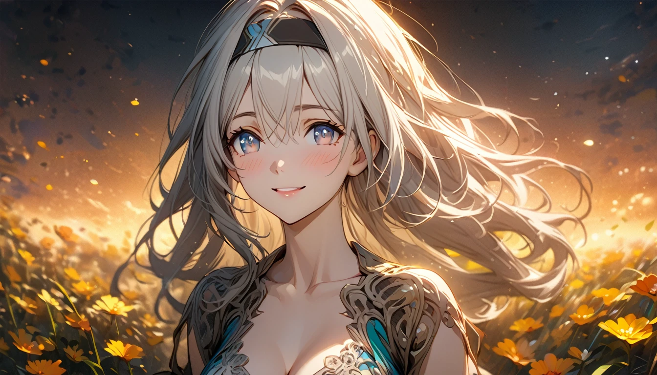beautiful girl, long grey hair, beautiful face,smiling,close up to hips, beautiful moderate breast, in the middle of flowers field, (open mouth:0.4),illustration,detailed textures(realists),ultra-detailed,portrait style,vivid colors,soft lighting, blushing, mature, hair fluttering, evening light , head band, ((half body)), cleavage, no bra , wearing intricate dress, perky. ((side profile ))